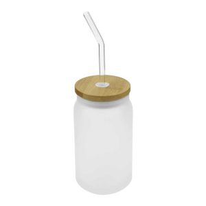 Glass Bottle with Straw and Bamboo Lid